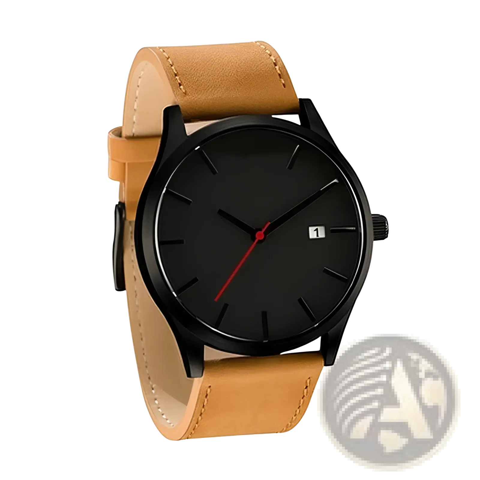 Mens minimalist leather quartz watch featuring a black dial, tan leather strap, and red second hand