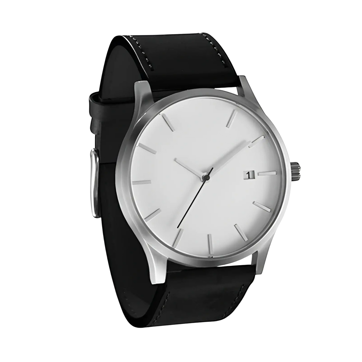 Mens minimalist leather quartz watch with silver-toned case white dial black leather strap and stick markers