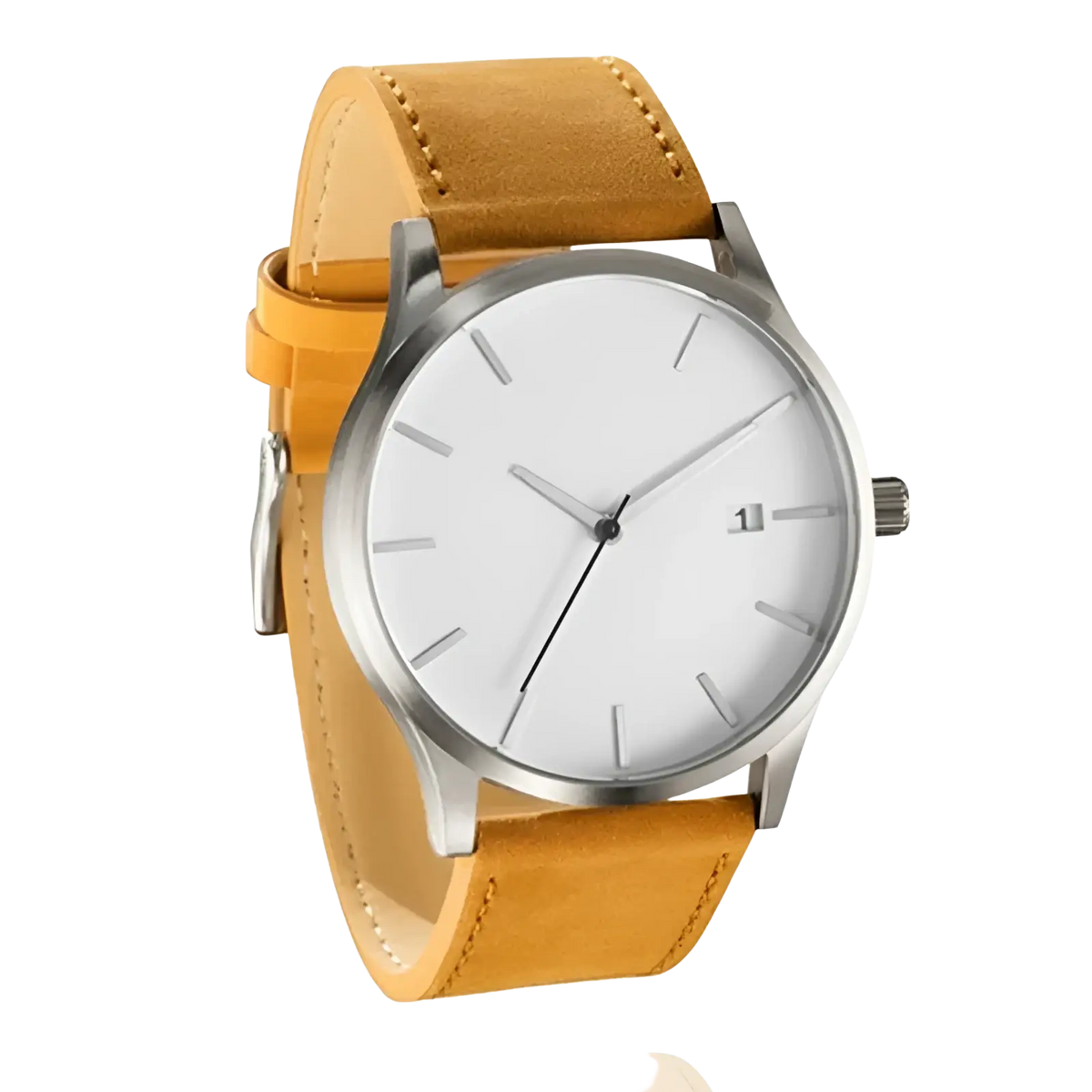 Mens minimalist leather quartz watch with white dial silver-toned case and hands and tan leather strap