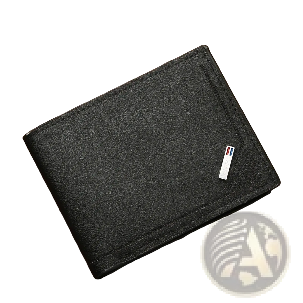 Men’s minimalist leather wallet thin foldable bifold in black textured leather with a small rectangular metallic emblem