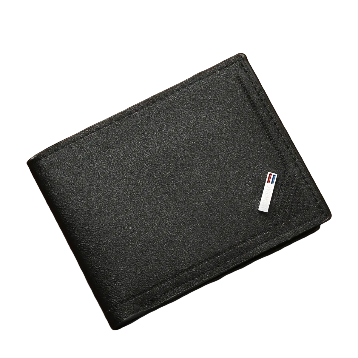 Black textured leather men’s minimalist thin foldable bifold wallet with small rectangular metallic emblem on front