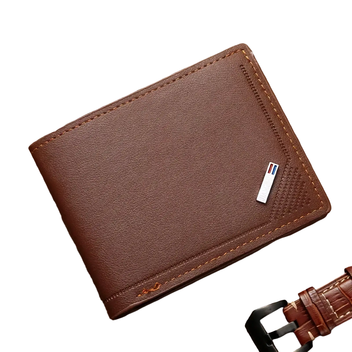 Men’s minimalist brown leather bifold wallet with tan stitching and a small rectangular logo tag on the corner