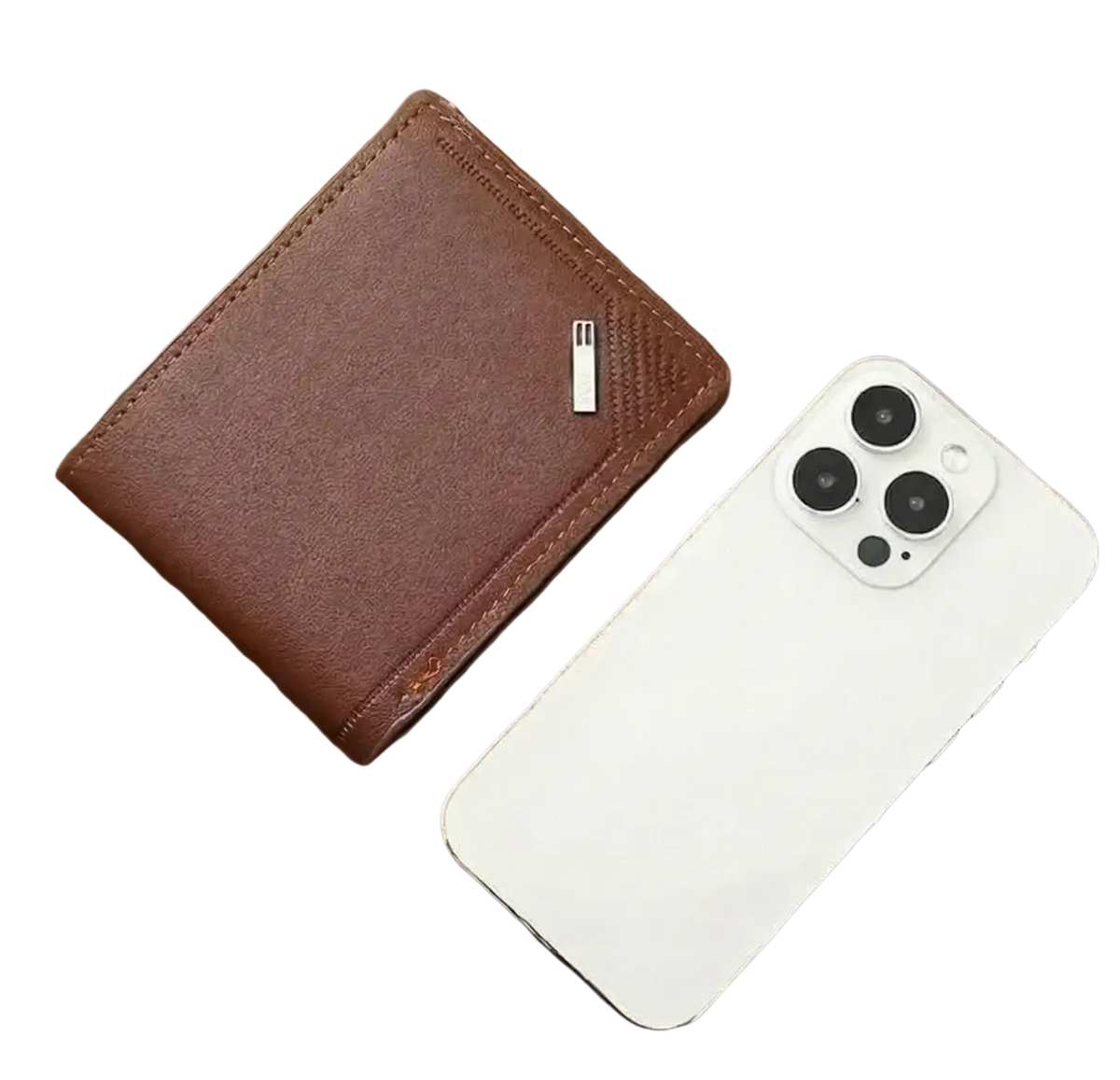Men’s minimalist brown leather wallet with stitched edges and silver rectangular clasp thin foldable bifold design