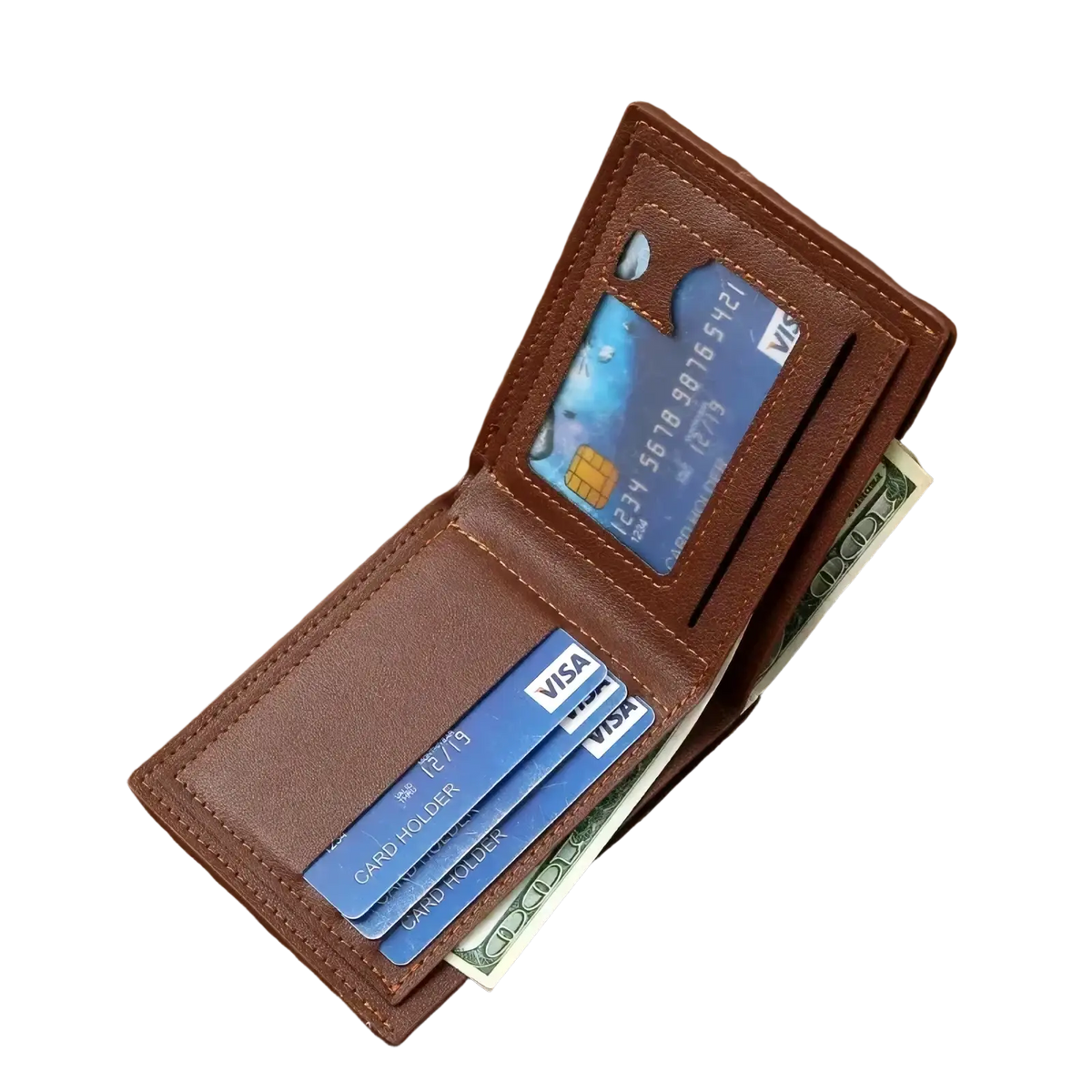 Men’s minimalist brown leather wallet with multiple card slots and cash compartment featuring visible edge stitching