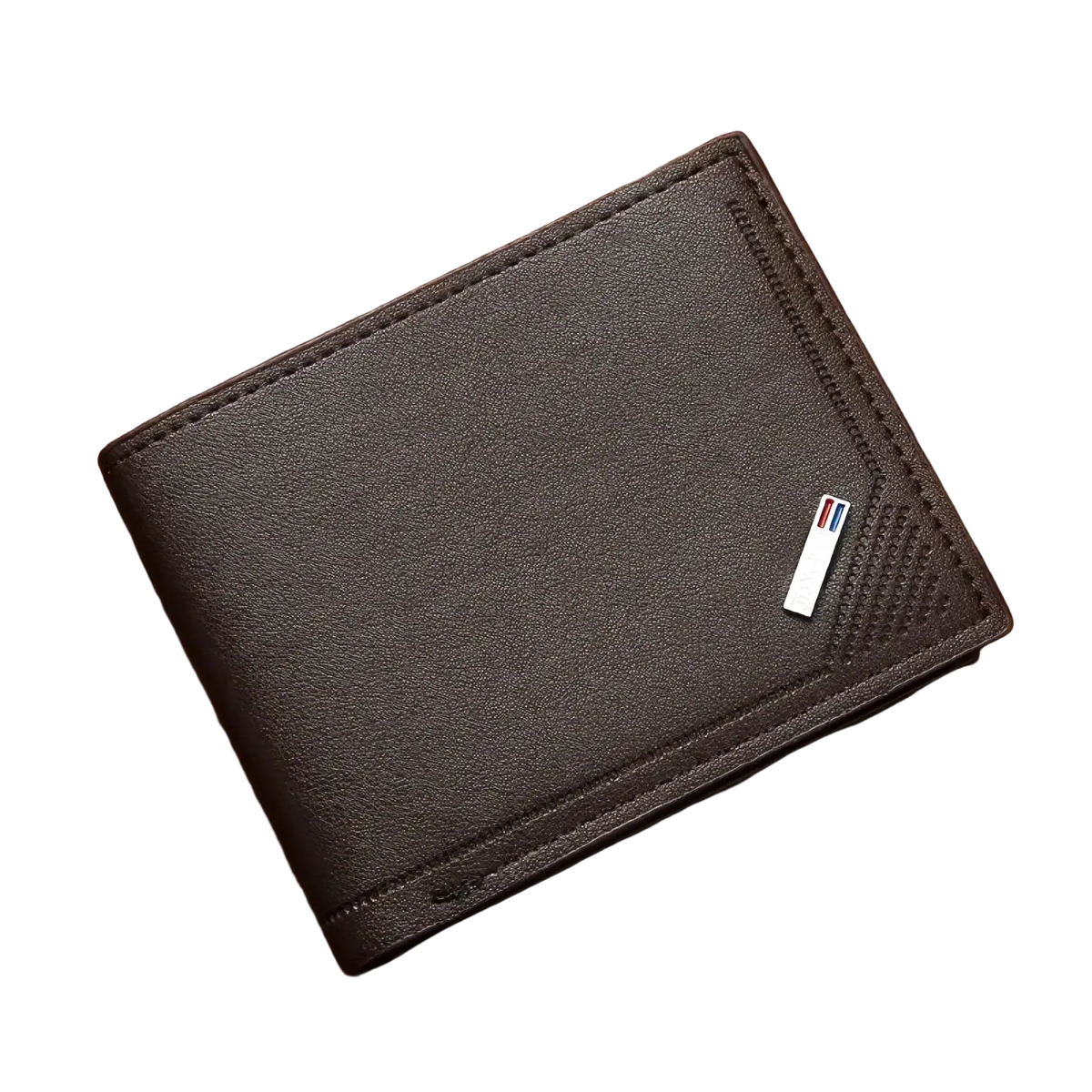 Men’s minimalist thin foldable bifold wallet in brown textured leather with stitched edges and metallic emblem