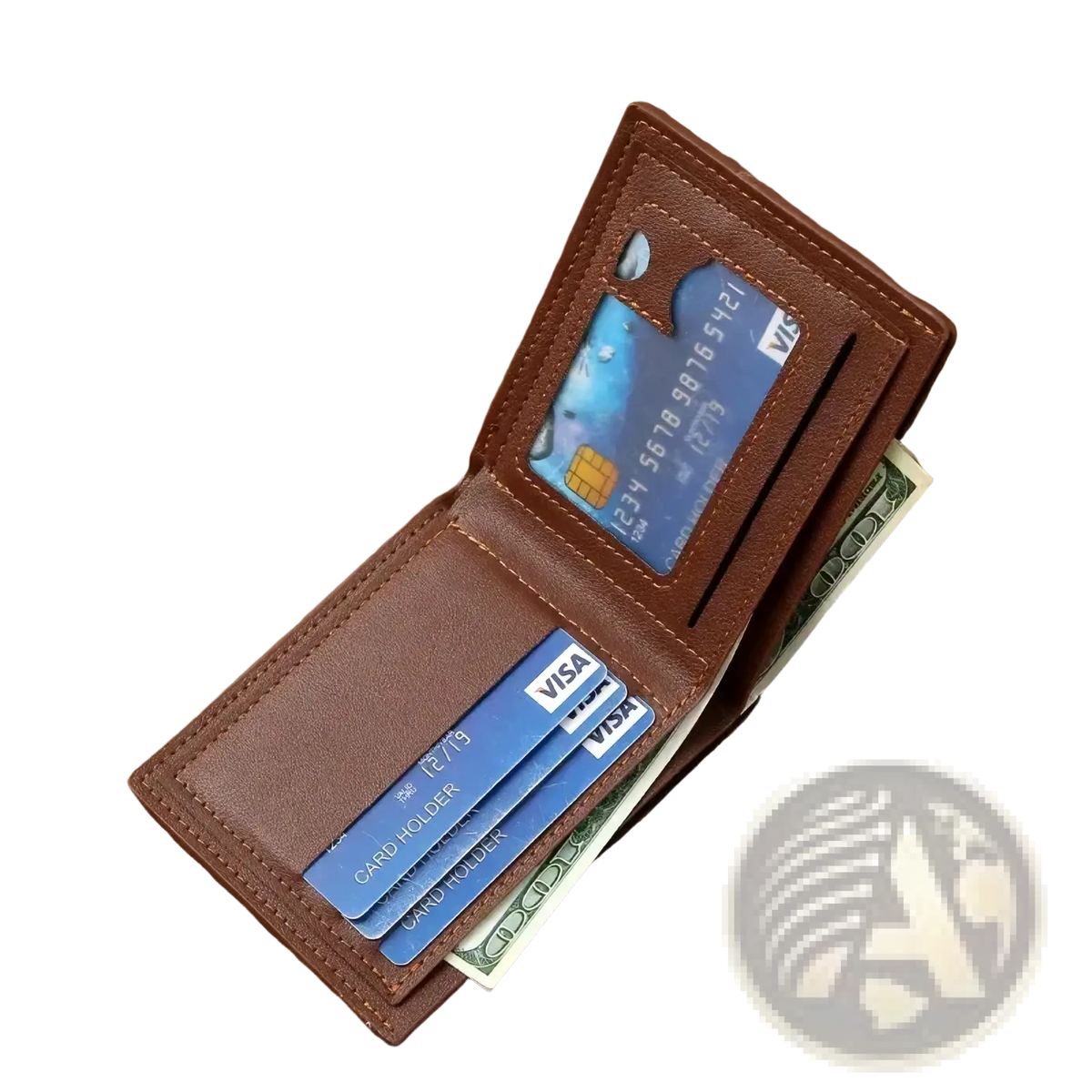 Men’s minimalist brown leather wallet with multiple card slots and cash compartment featuring visible edge stitching