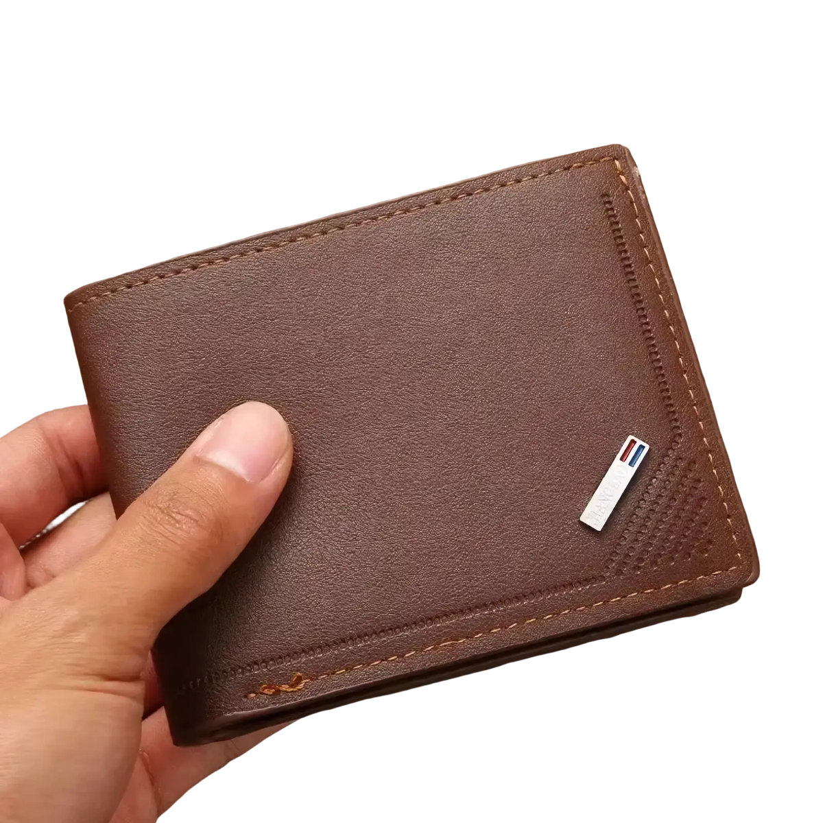 Men’s minimalist thin foldable bifold wallet in brown pu leather with stitched edges and a small metallic emblem on corner