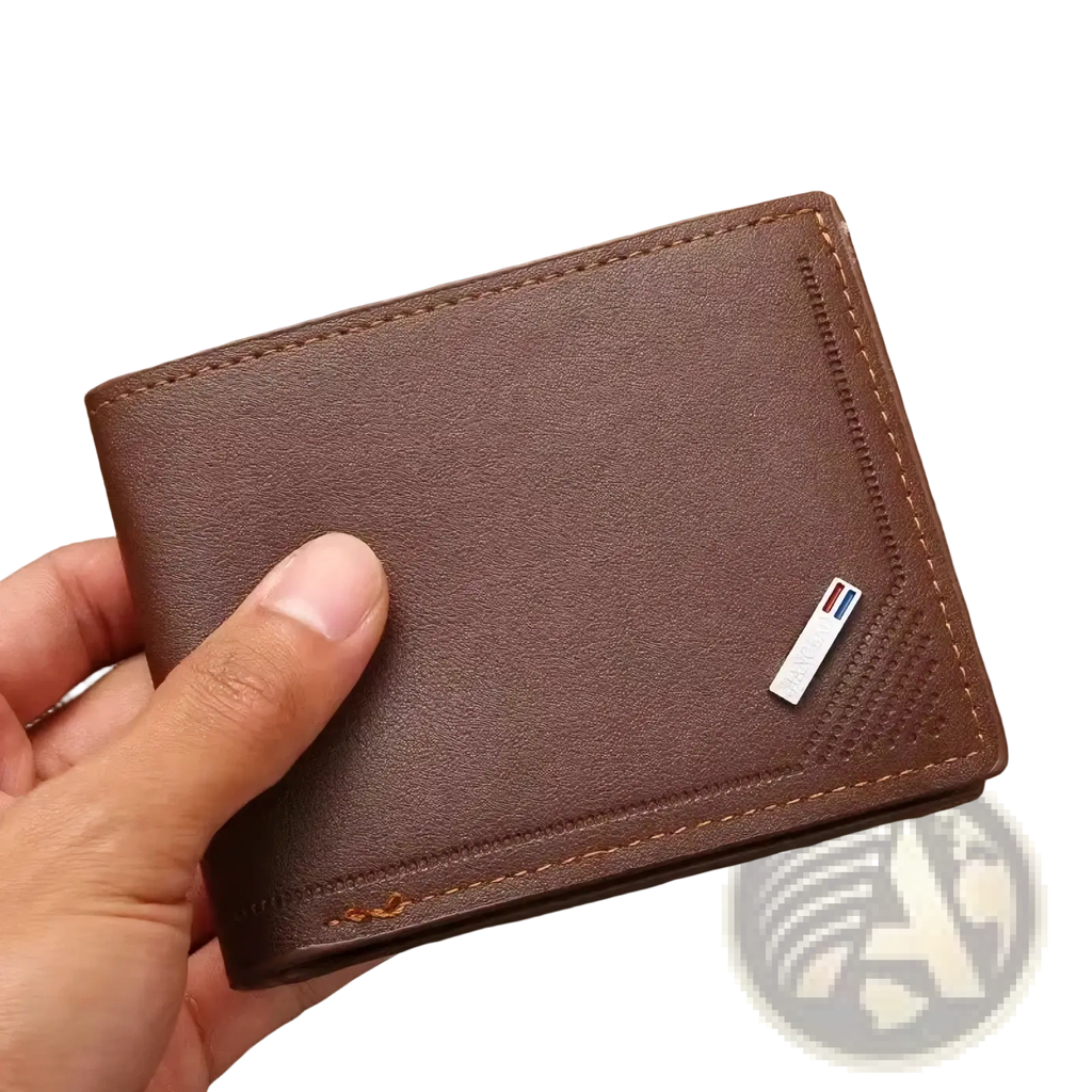 Men’s minimalist thin foldable bifold wallet in brown pu leather with stitched edges and a small metallic emblem on corner