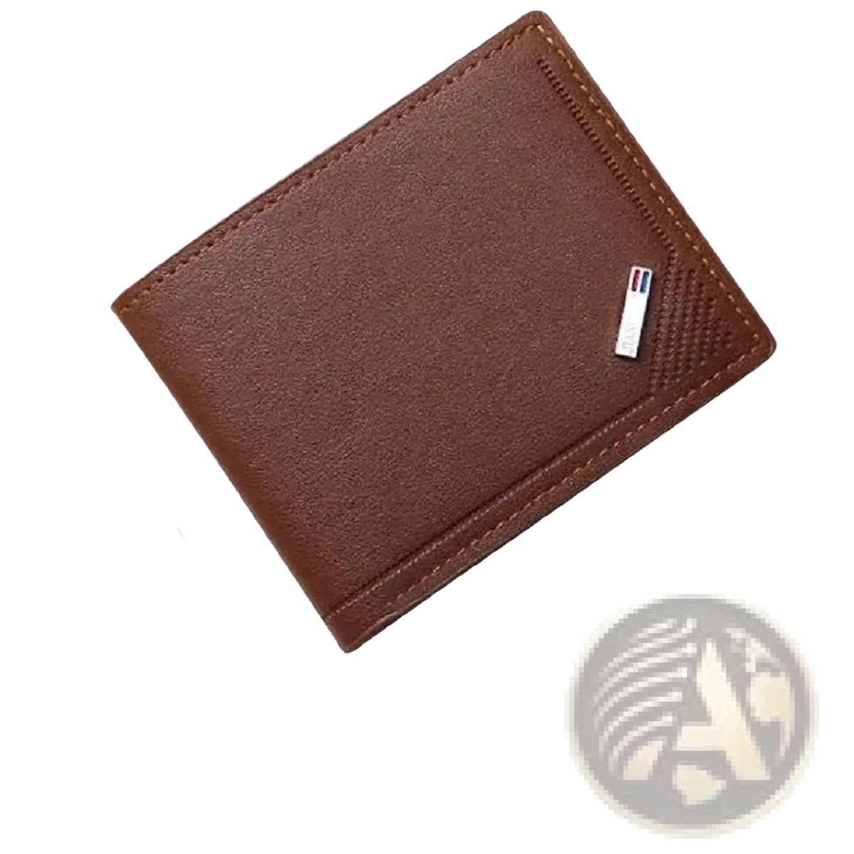 Men’s minimalist thin foldable bifold wallet in brown leather with stitched edges and a small rectangular metal emblem