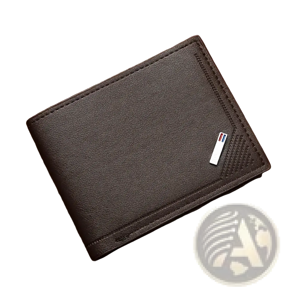 Men’s minimalist thin foldable bifold wallet in brown textured leather with stitched edges and metallic emblem