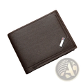 Men’s minimalist thin foldable bifold wallet in brown textured leather with stitched edges and metallic emblem