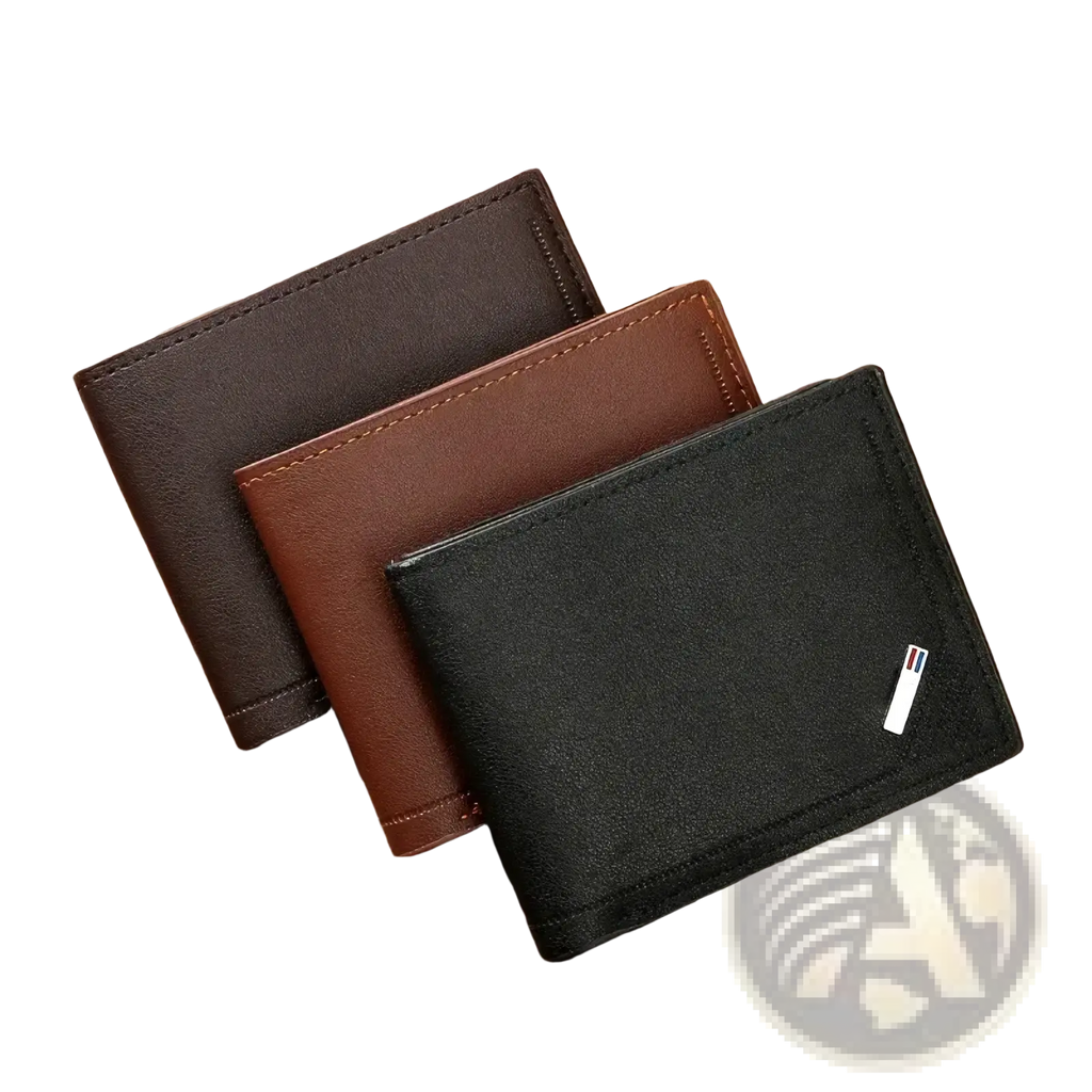 Three slim minimalist leather bifold wallets in dark brown medium brown and black with stitched edges and silver logo