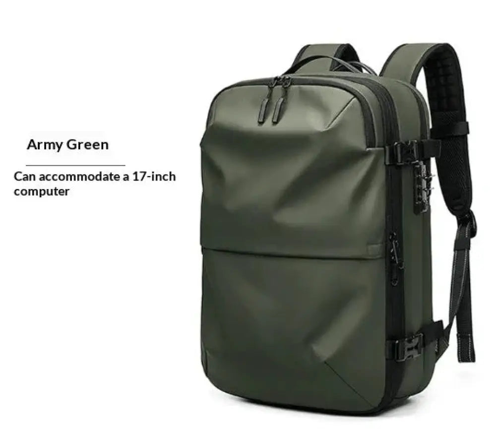 Men’s vacuum compression 60l expandable travel backpack in army green with black zippers holds 17 inch laptop