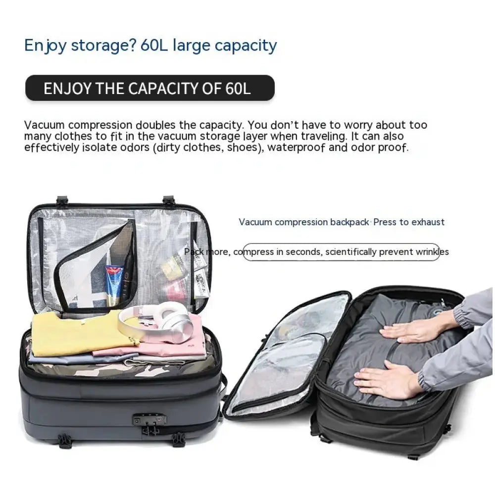 Men’s black vacuum compression 60l expandable travel backpack with transparent mesh pockets and durable material