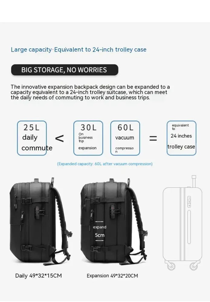 Men’s vacuum compression 60l expandable travel backpack in black with durable fabric and sleek minimalist design