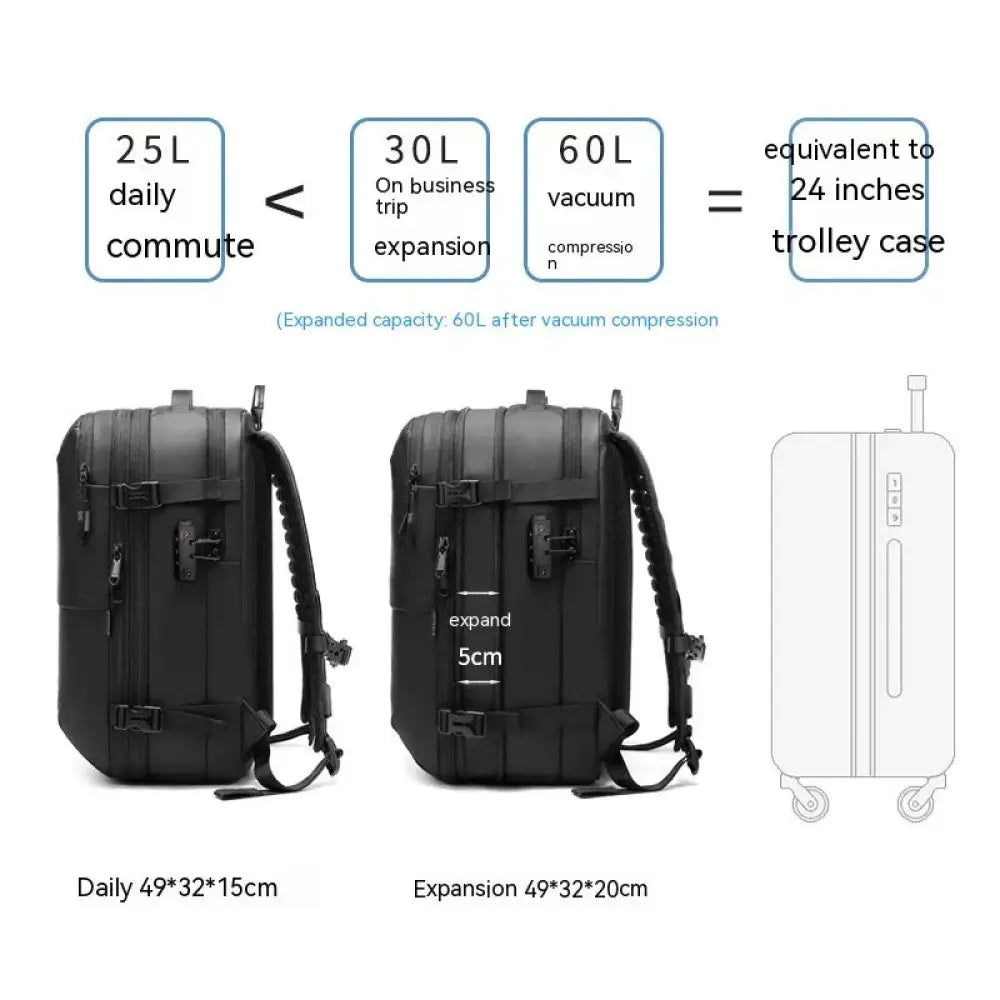 Black 60l expandable vacuum compression travel backpack for men with adjustable straps and durable material visible from the back