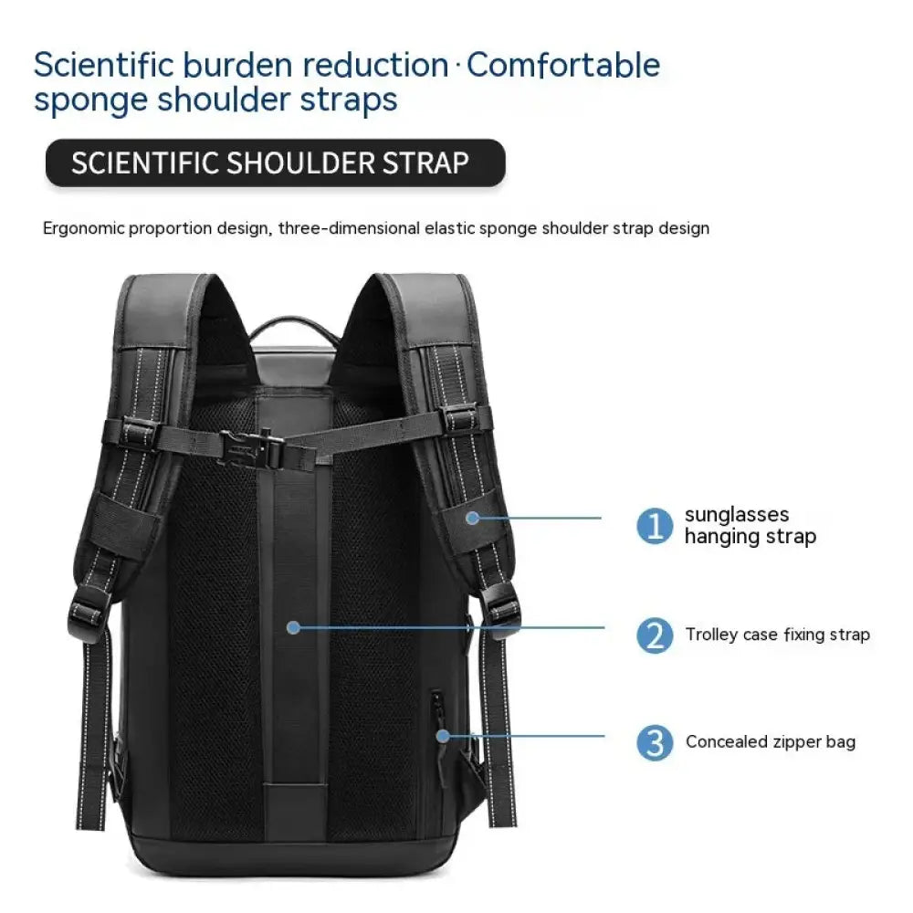 Men’s black vacuum compression 60l expandable travel backpack shown from back with padded shoulder straps and mesh side panels