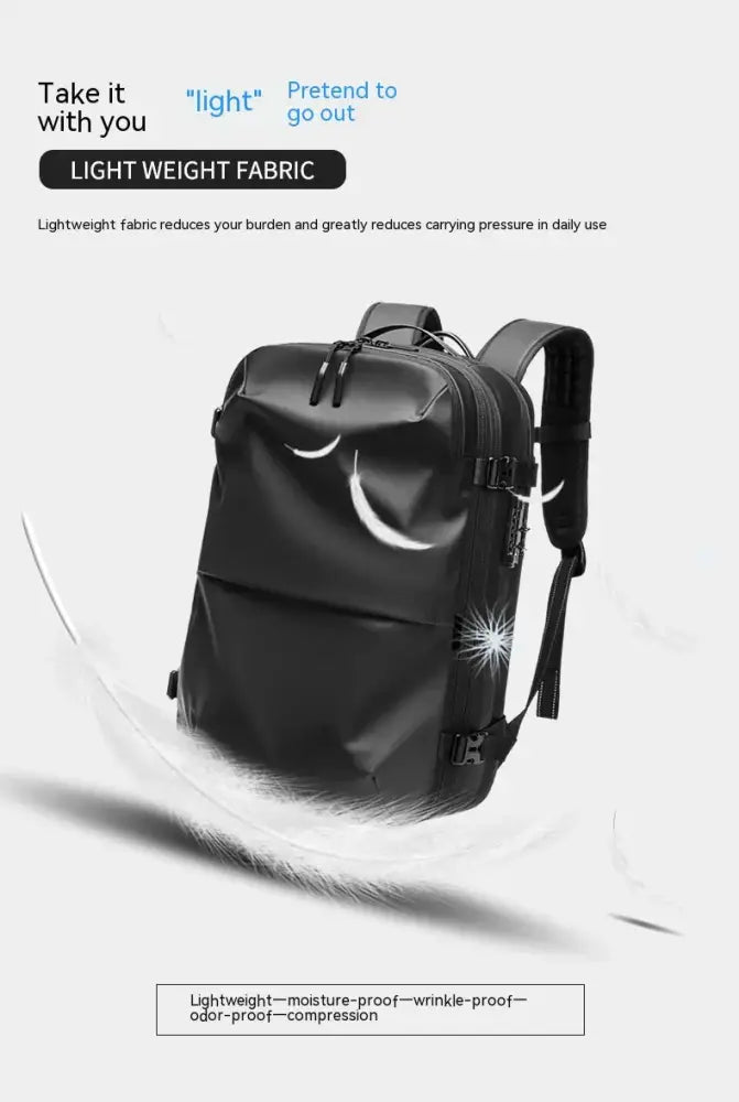 Black lightweight men’s vacuum compression 60l expandable travel backpack with sleek minimalist design and white embroidery