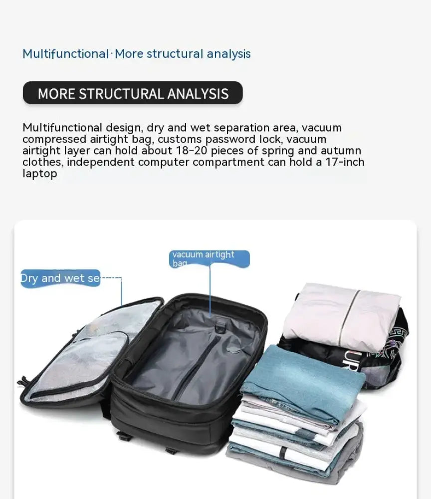 Black men’s vacuum compression 60l expandable travel backpack with airtight compartments and dry wet separation area