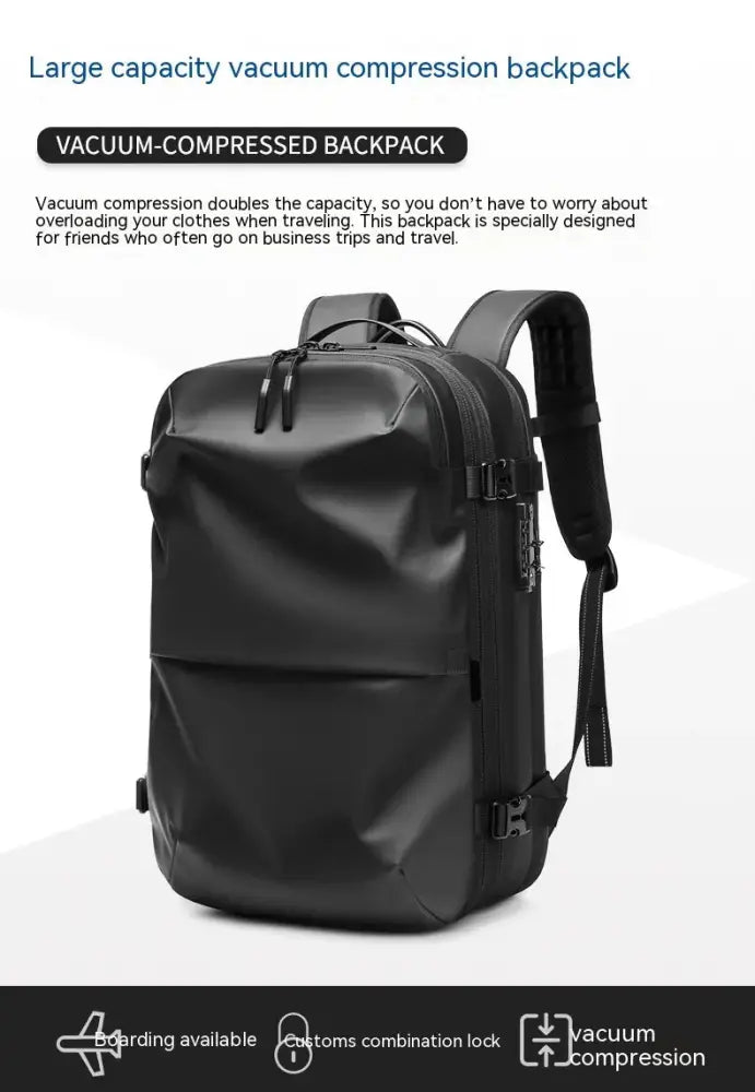 Black men’s vacuum compression 60l expandable travel backpack with sleek durable material and minimalist design
