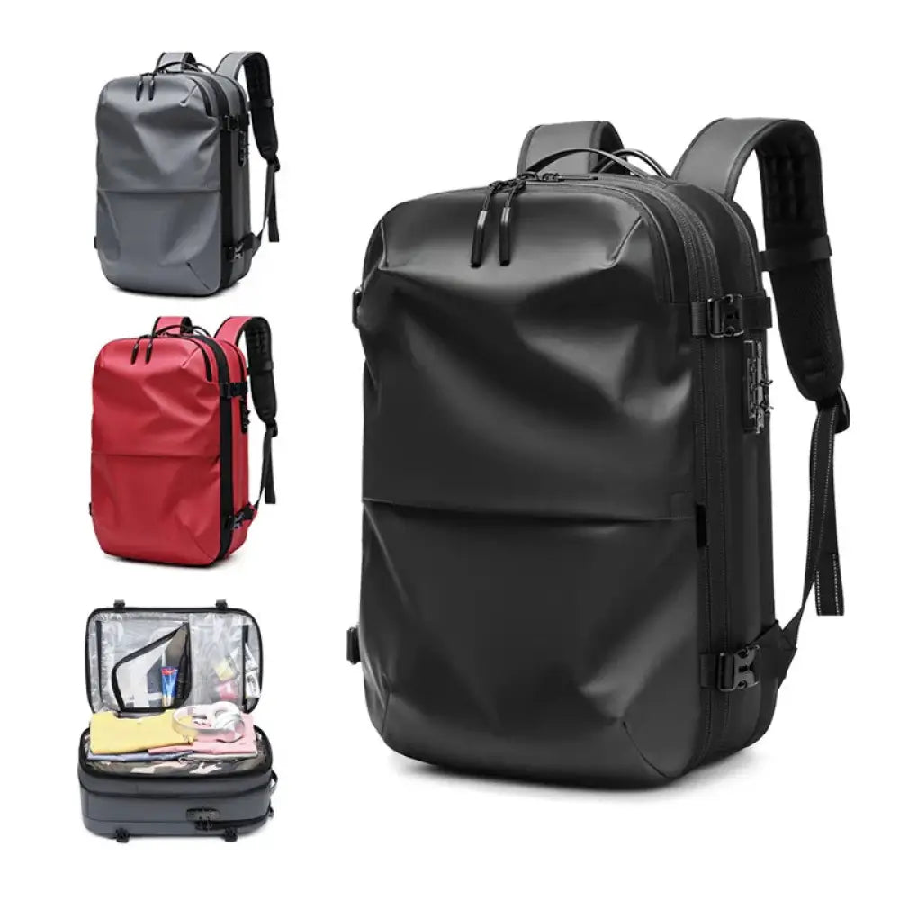 Black waterproof men’s vacuum compression 60l expandable travel backpack with sleek modern design and durable fabric
