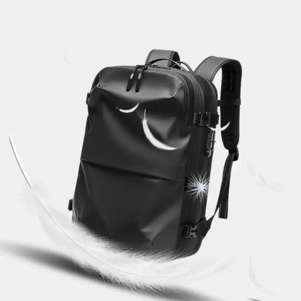 Men’s black waterproof vacuum compression 60l expandable travel backpack with smiling face and starburst design