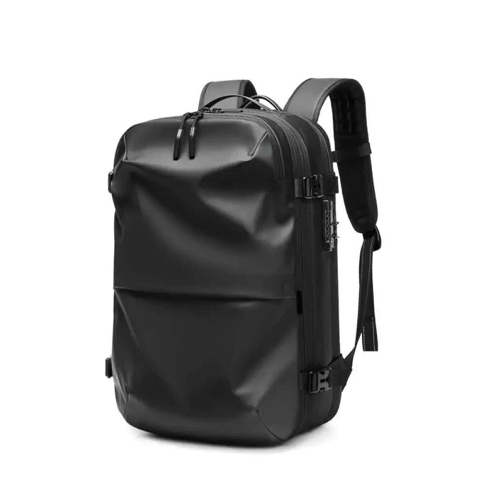 Black waterproof men’s vacuum compression 60l expandable travel backpack with sleek modern design and reinforced straps