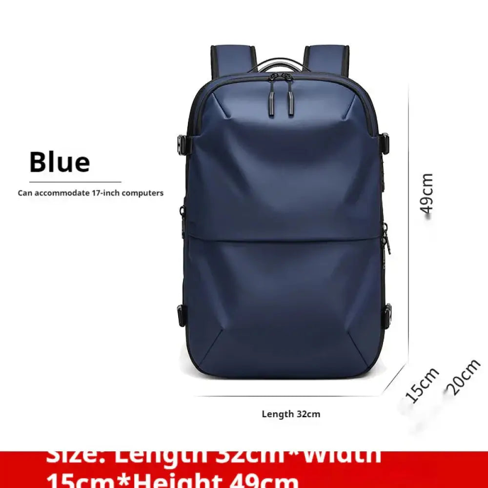 Navy blue men’s vacuum compression 60l expandable travel backpack with black zippers and adjustable shoulder straps