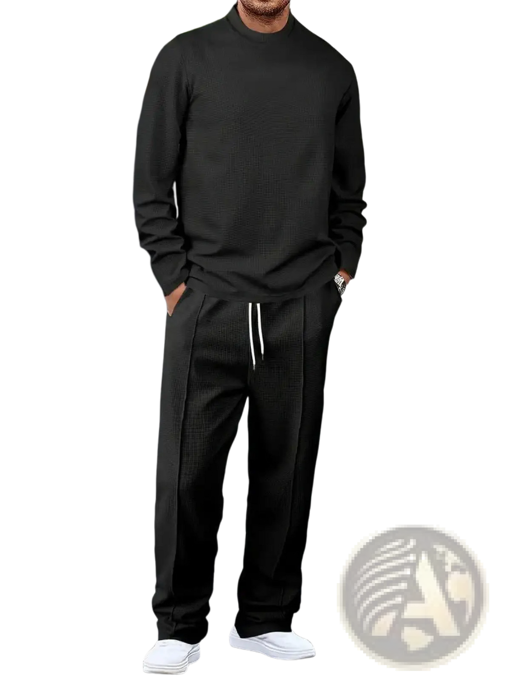 Black textured knit mens minimalist solid color sweatshirt with ribbed cuffs and hem in jogger set