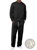 Black textured knit mens minimalist solid color sweatshirt with ribbed cuffs and hem in jogger set
