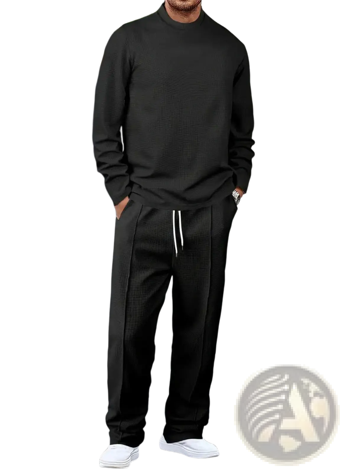 Black textured knit mens minimalist solid color sweatshirt with ribbed cuffs and hem in jogger set