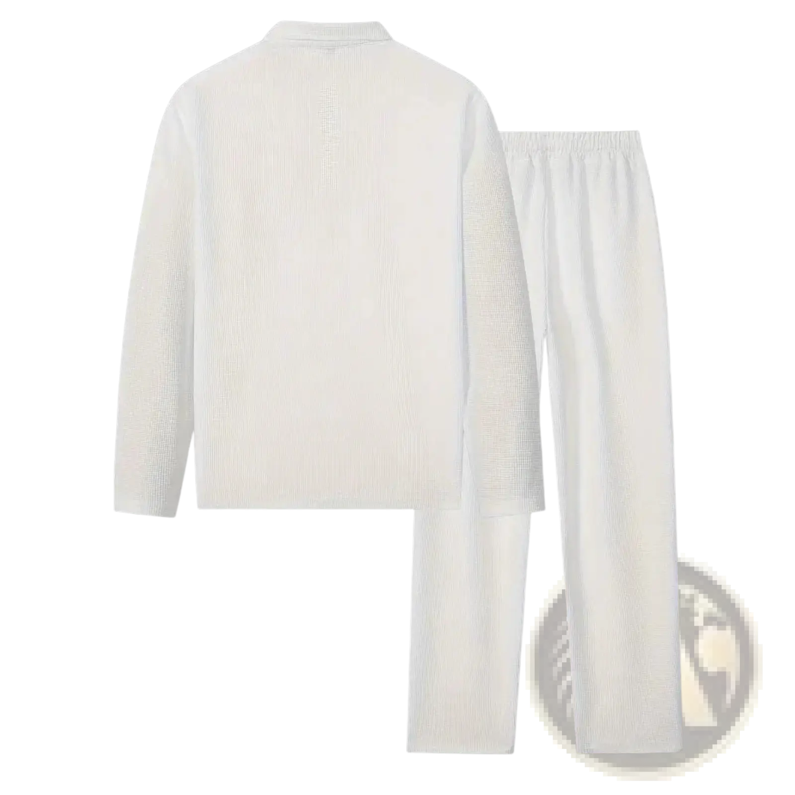 White ribbed knit pajama set featuring a minimalist solid color sweatshirt and jogger for men in comfortable fabric