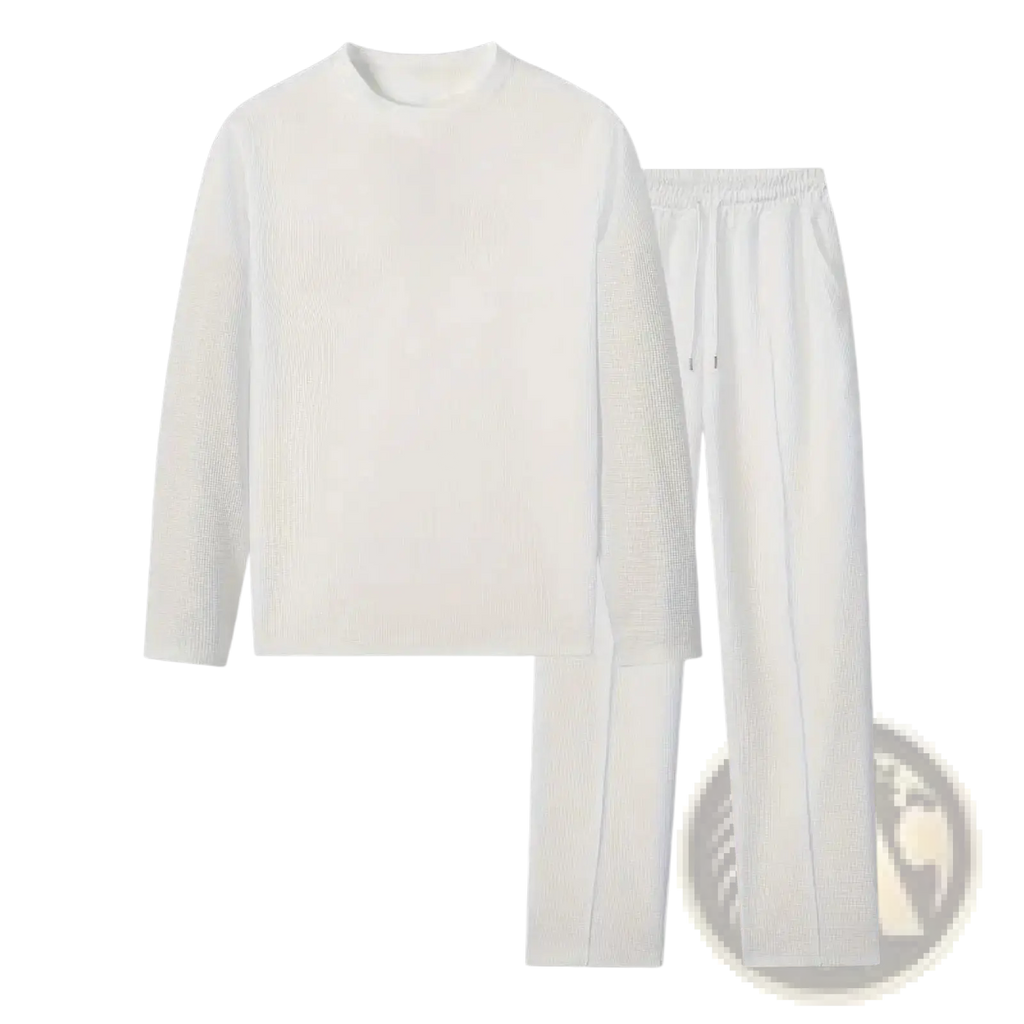 Mens minimalist solid color white ribbed knit long sleeve top and matching pants set for casual wear