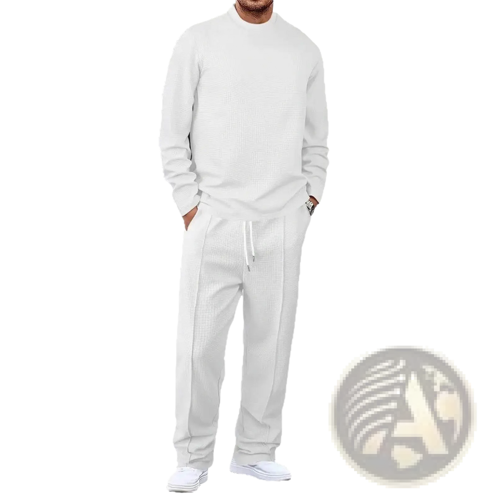 Mens minimalist white textured knit sweatshirt and matching drawstring jogger pants set for casual wear