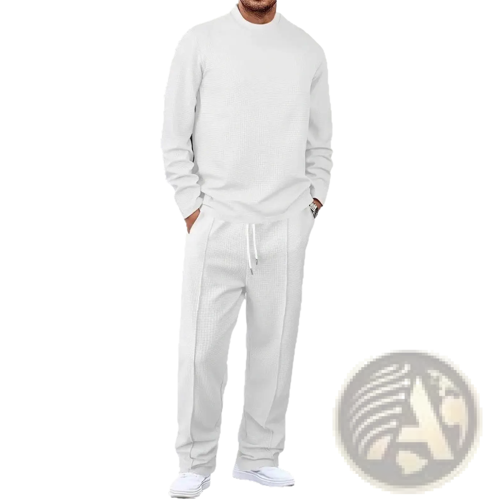 Mens minimalist white textured knit sweatshirt and matching drawstring jogger pants set for casual wear