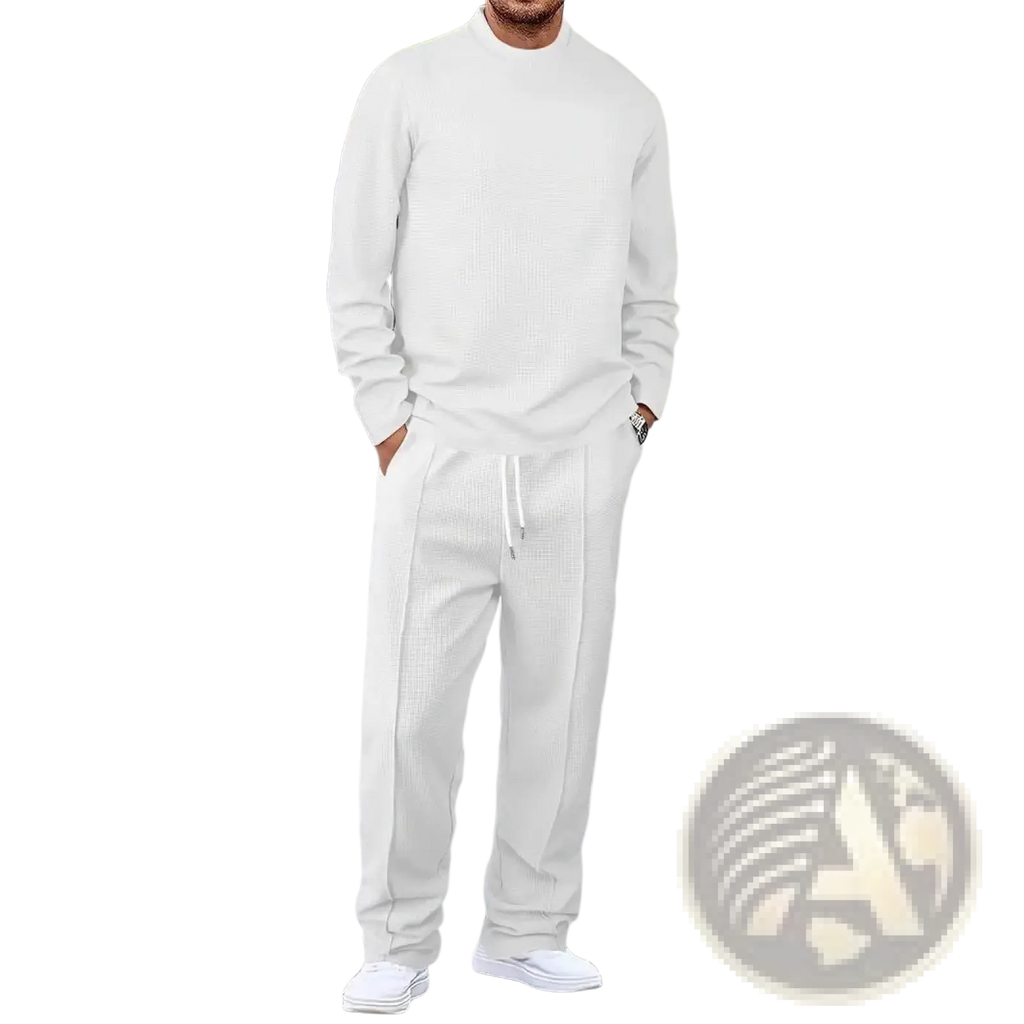 Mens minimalist solid color sweatshirt jogger set in white textured knit with matching drawstring pants for casual wear