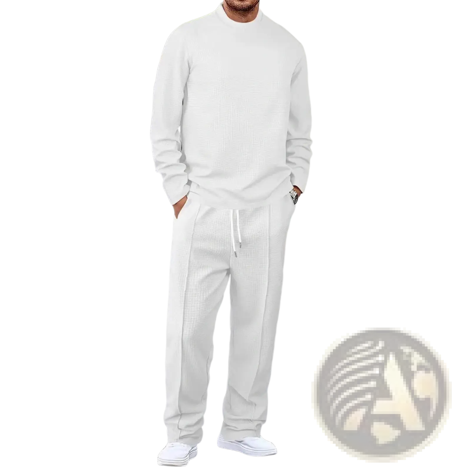 Mens minimalist solid color sweatshirt jogger set in white textured knit with matching drawstring pants for casual wear