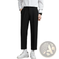Mens minimalist black pleated straight cut dress pants with cropped hem ideal for formal and professional wear