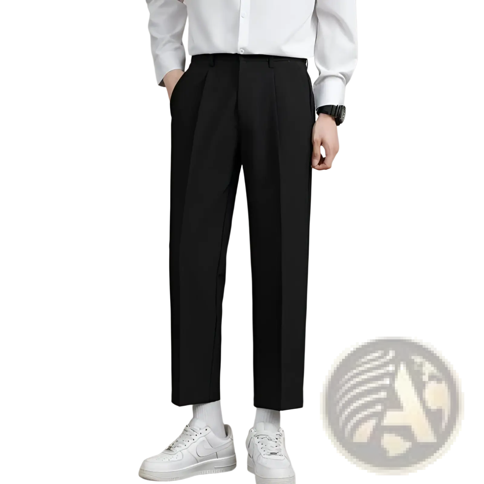 Mens minimalist black pleated straight cut dress pants with cropped hem ideal for formal and professional wear