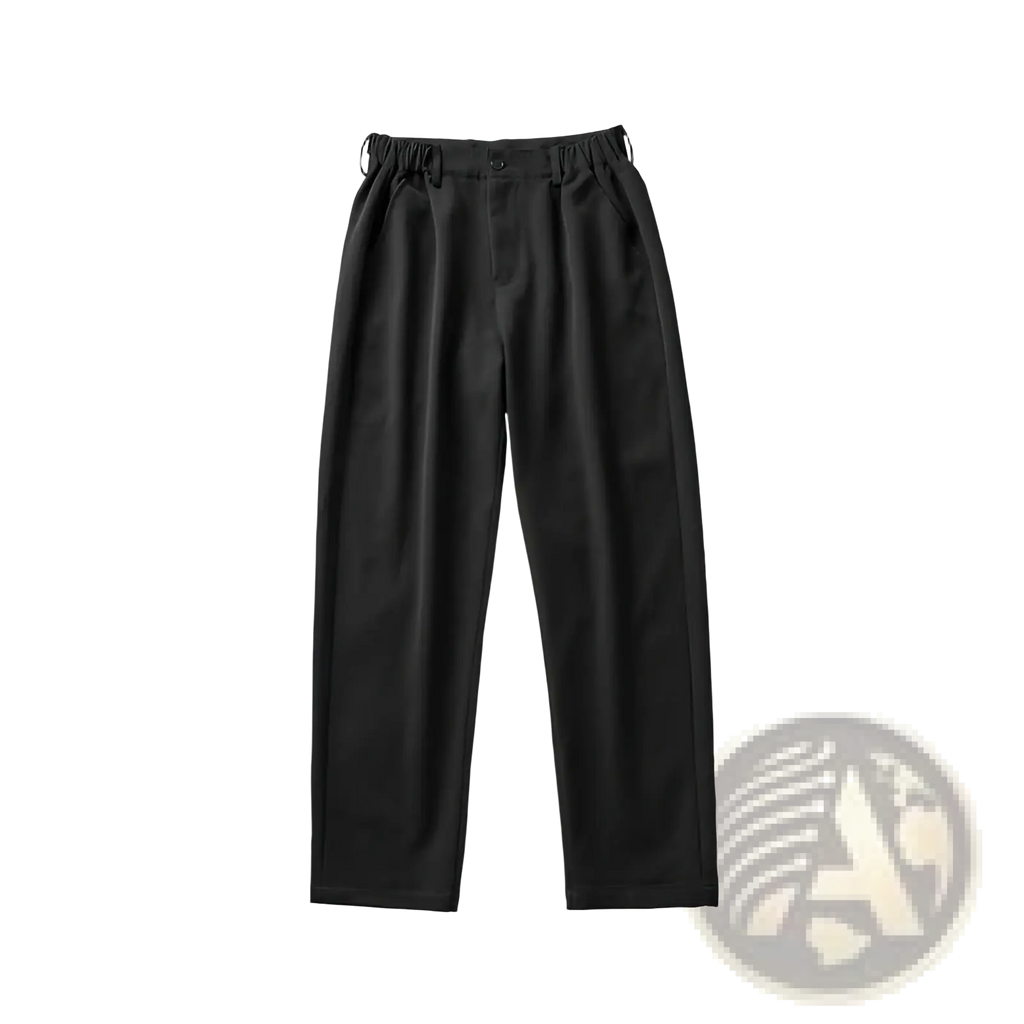 Mens minimalist straight cut dress pants in black with elastic waistband and single button closure, front view