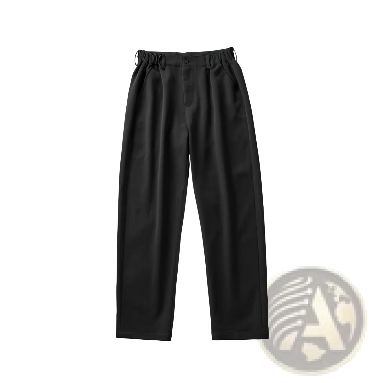 Mens minimalist straight cut dress pants in black with elastic waistband and single button closure, front view