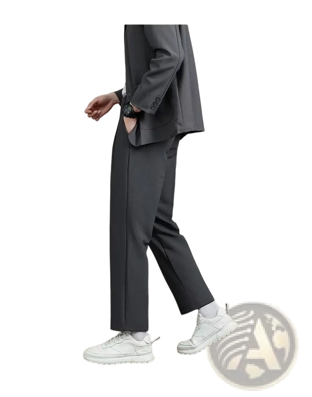 Dark gray tailored mens minimalist straight cut dress pants with sleek modern cut and subtle side seam detailing