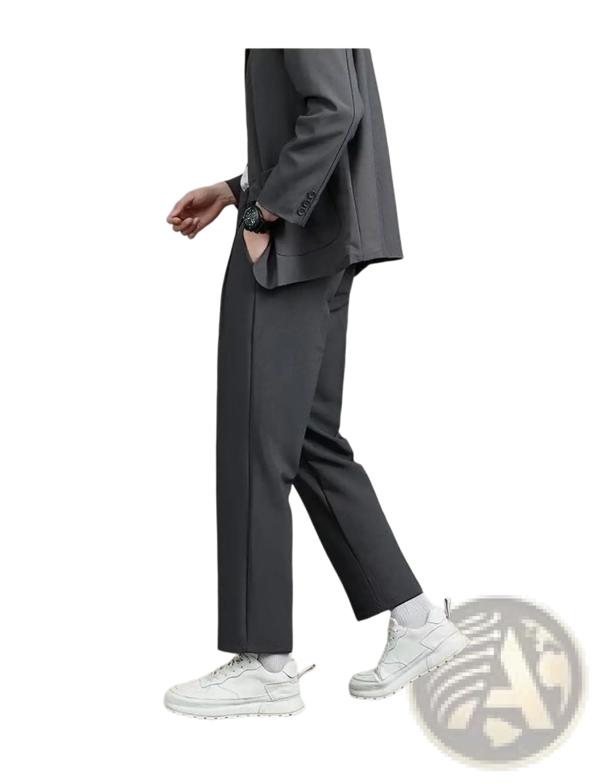 Dark gray tailored mens minimalist straight cut dress pants with sleek modern cut and subtle side seam detailing