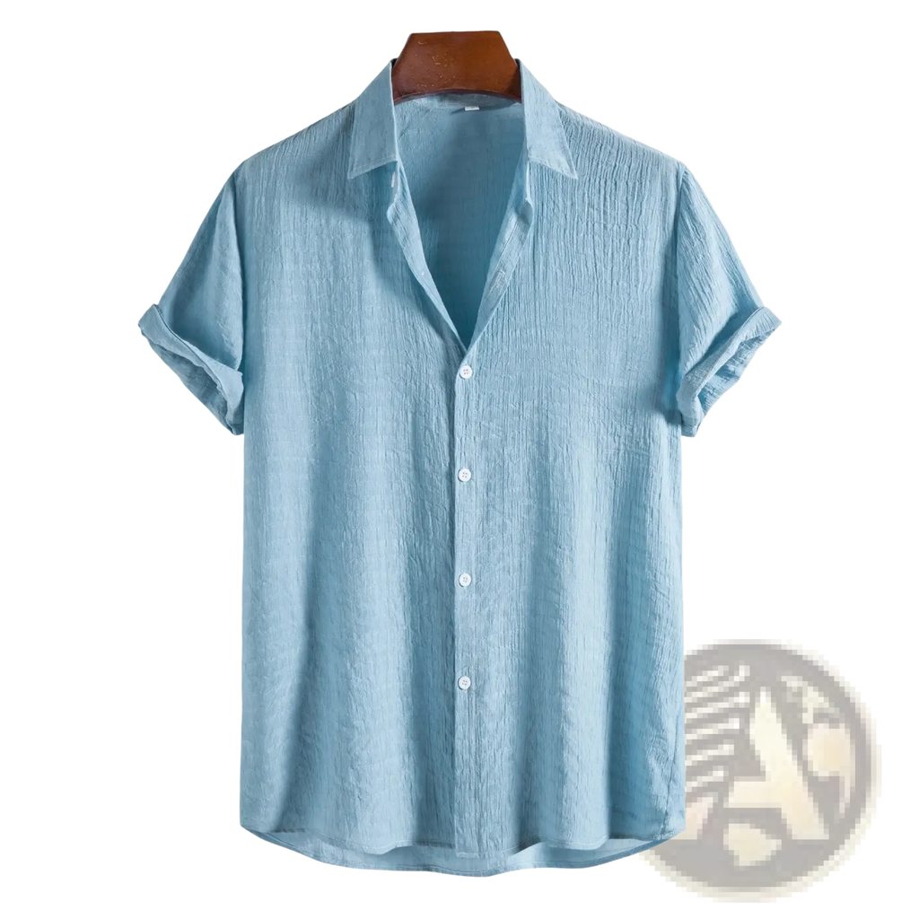Men’s minimalist light blue short sleeve grid shirt with textured slightly wrinkled fabric and rolled cuffs