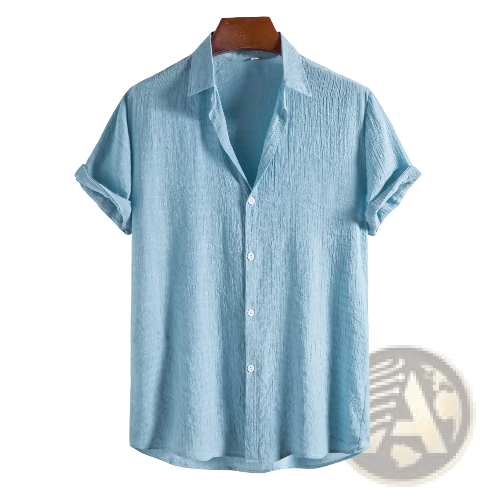 Men’s minimalist light blue short sleeve grid shirt with textured slightly wrinkled fabric and rolled cuffs