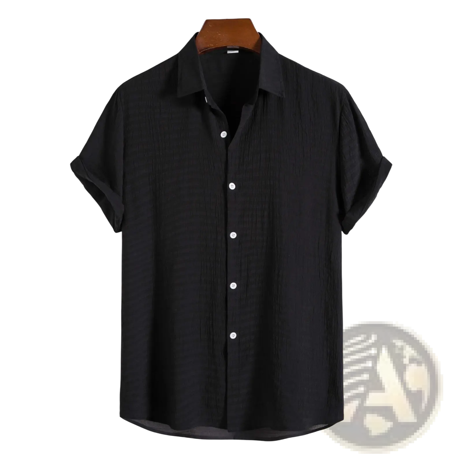 Men’s minimalist black short sleeve button-up shirt with subtle textured fabric and white buttons