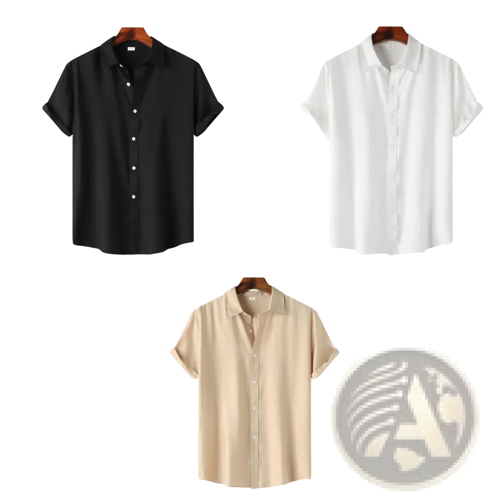 Men’s minimalist textured short sleeve grid shirts in black white and beige hanging on wooden hangers
