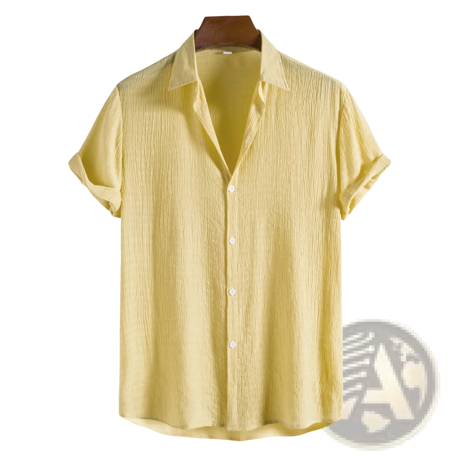Men’s minimalist light yellow short sleeve button-up shirt with subtle textured fabric and white buttons