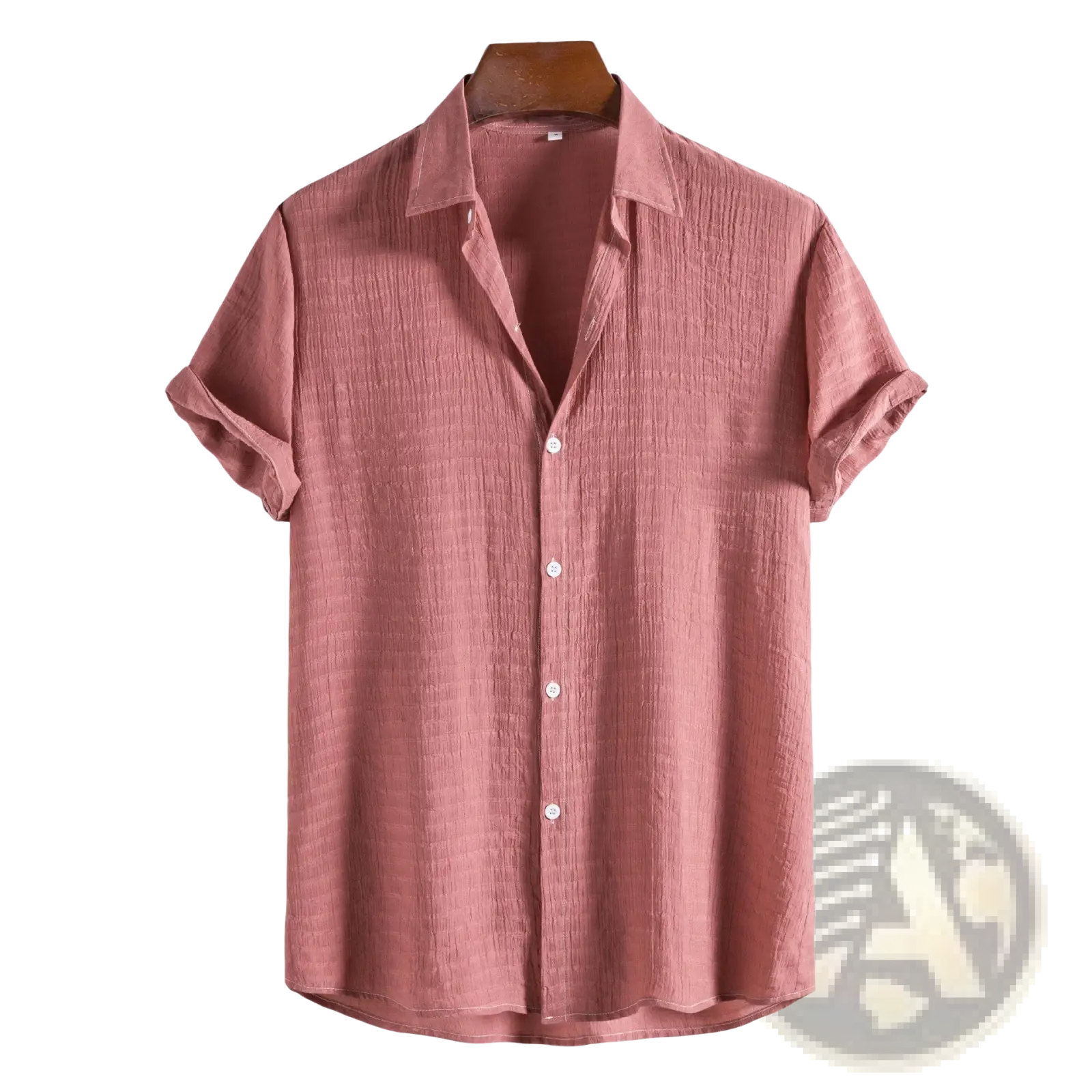 Men’s minimalist textured short sleeve grid shirt in soft pink with subtle weave and rolled cuffs