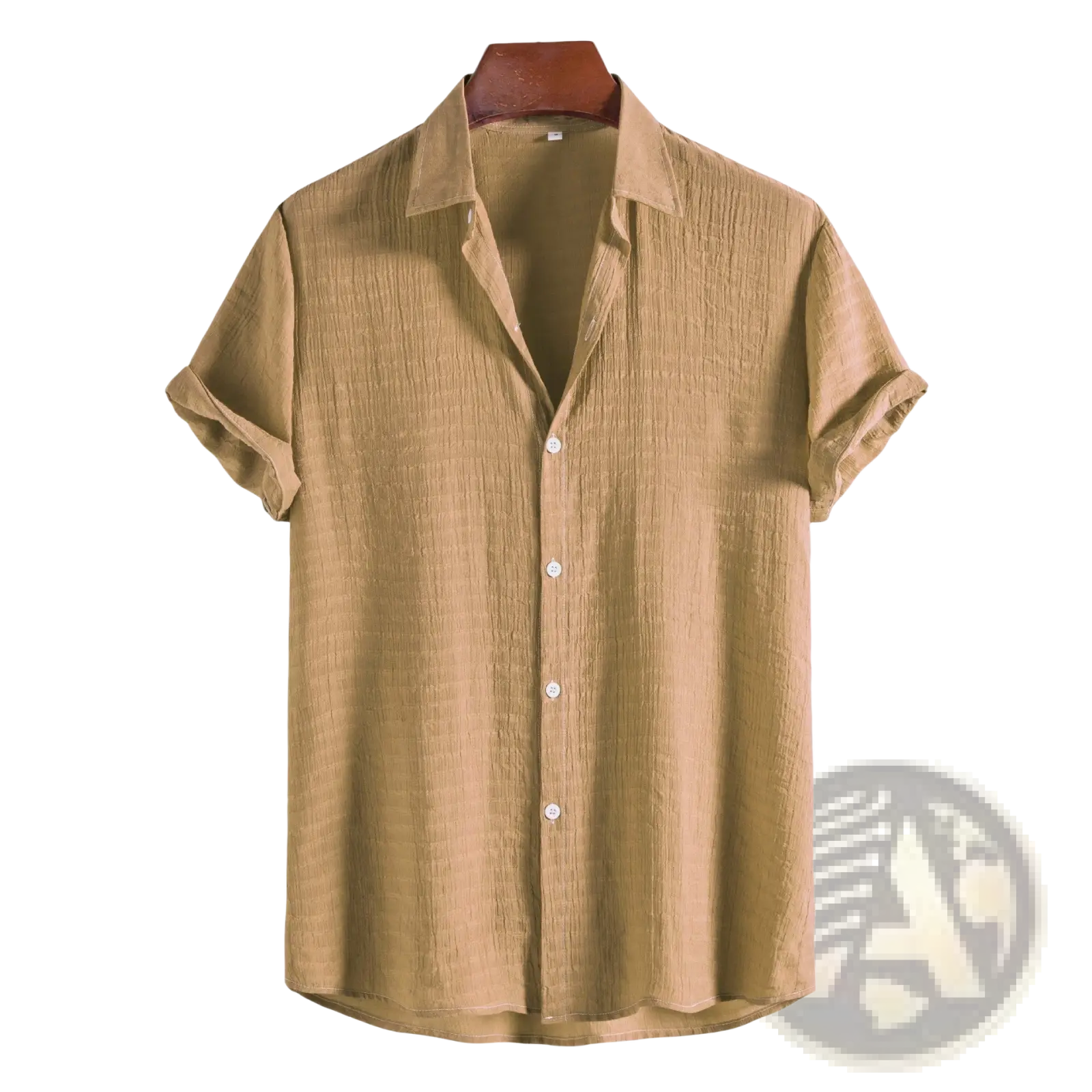 Beige short-sleeved button-up shirt with a subtle textured weave and crisp collar.